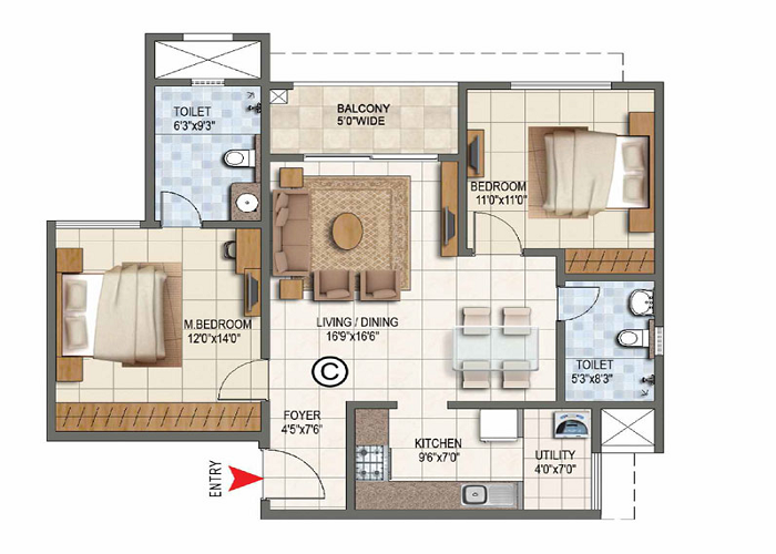 Prestige Crystal Lawns 3 BHK Floor Plan