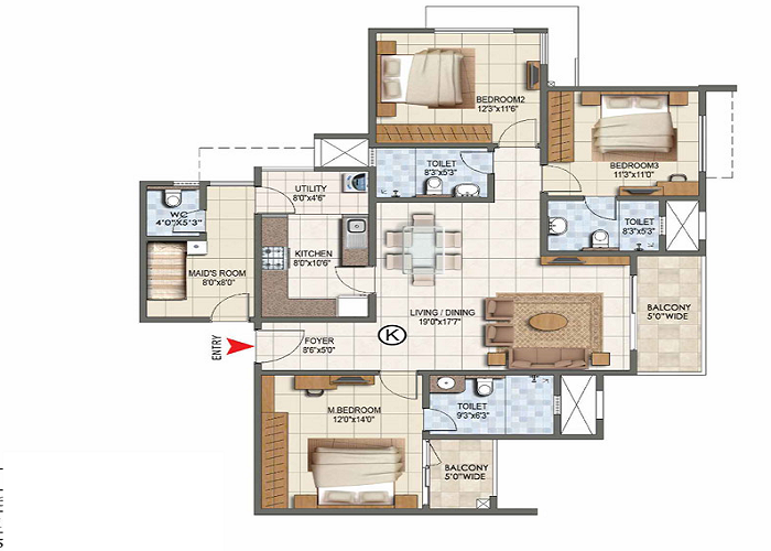 Prestige Crystal Lawns 3 BHK Floor Plan
